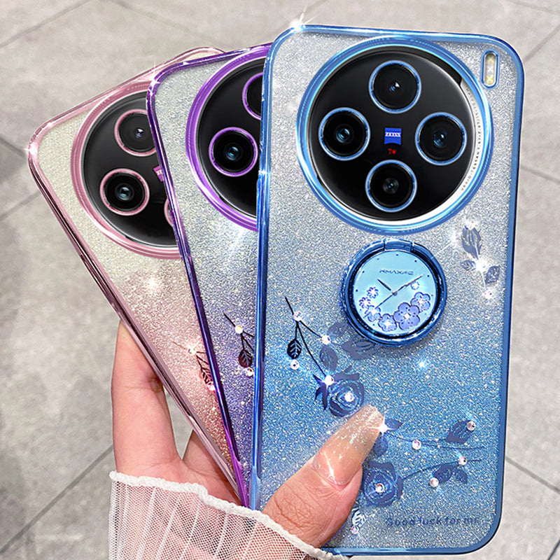 KADEM For vivo X100 Pro 5G Ring Kickstand TPU Phone Case Glitter Powder Cell Phone Cover - Purple