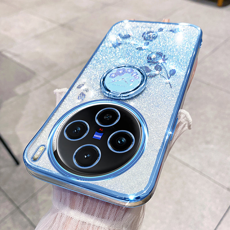 KADEM For vivo X100 Pro 5G Ring Kickstand TPU Phone Case Glitter Powder Cell Phone Cover - Blue