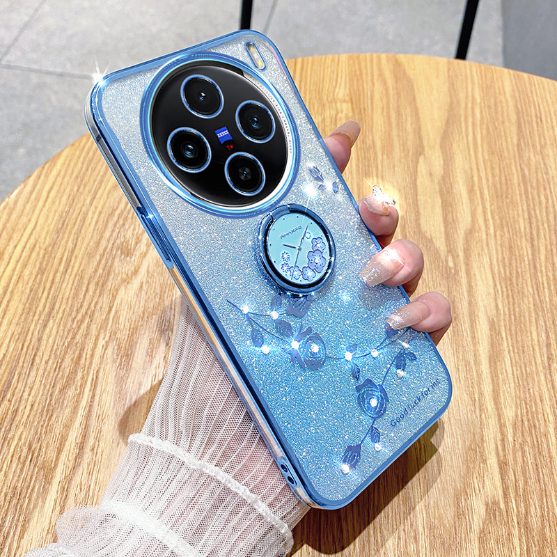 KADEM For vivo X100 Pro 5G Ring Kickstand TPU Phone Case Glitter Powder Cell Phone Cover - Blue