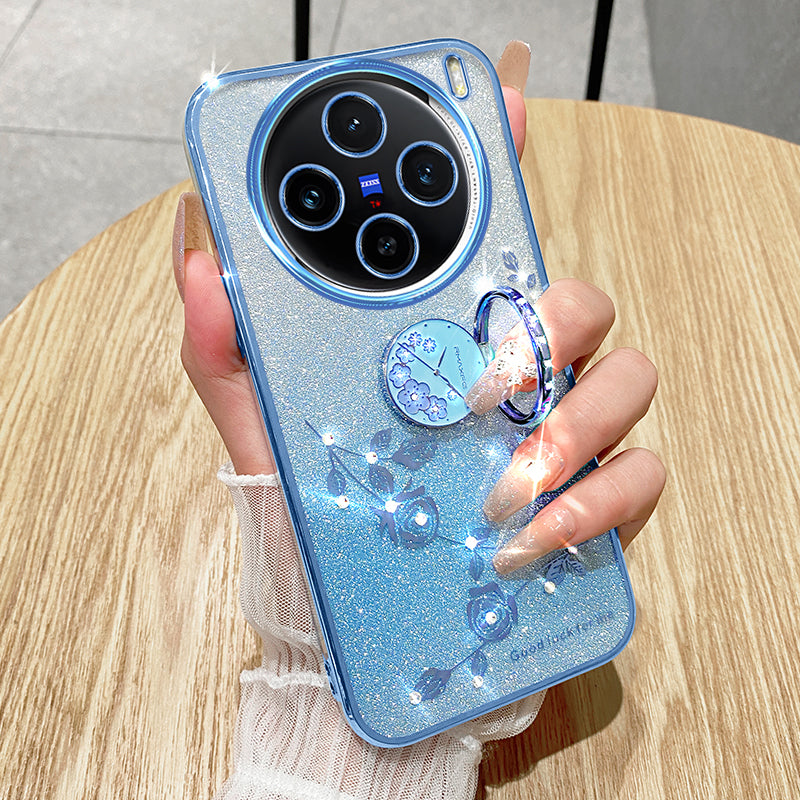 KADEM For vivo X100 Pro 5G Ring Kickstand TPU Phone Case Glitter Powder Cell Phone Cover - Blue