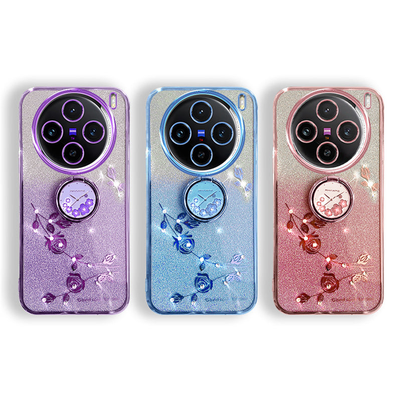 KADEM For vivo X100 Pro 5G Ring Kickstand TPU Phone Case Glitter Powder Cell Phone Cover - Blue