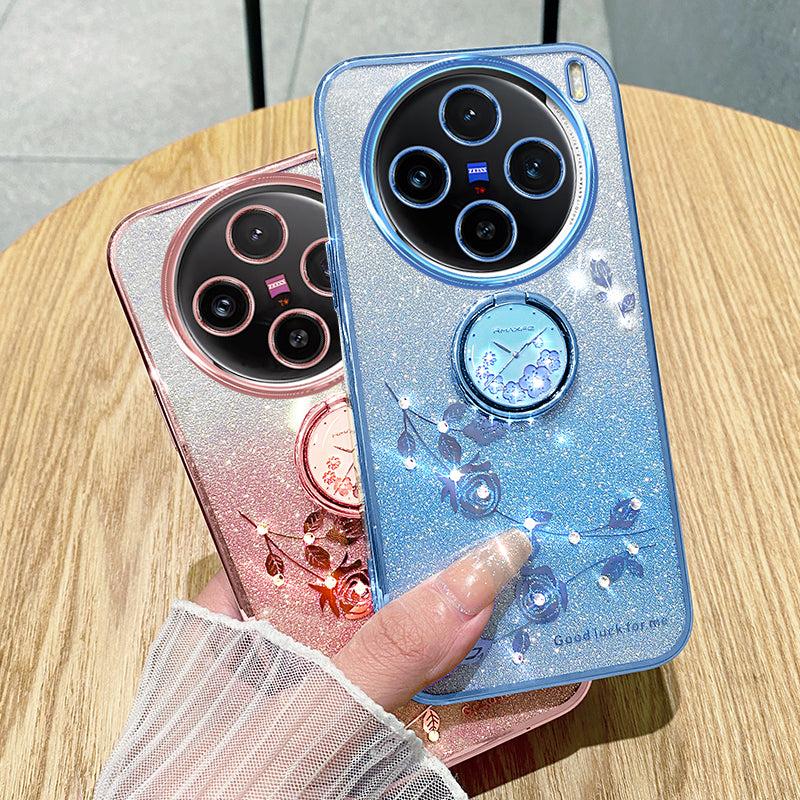 KADEM For vivo X100 5G Phone Case Ring Kickstand Glitter Powder TPU Phone Cover - Blue