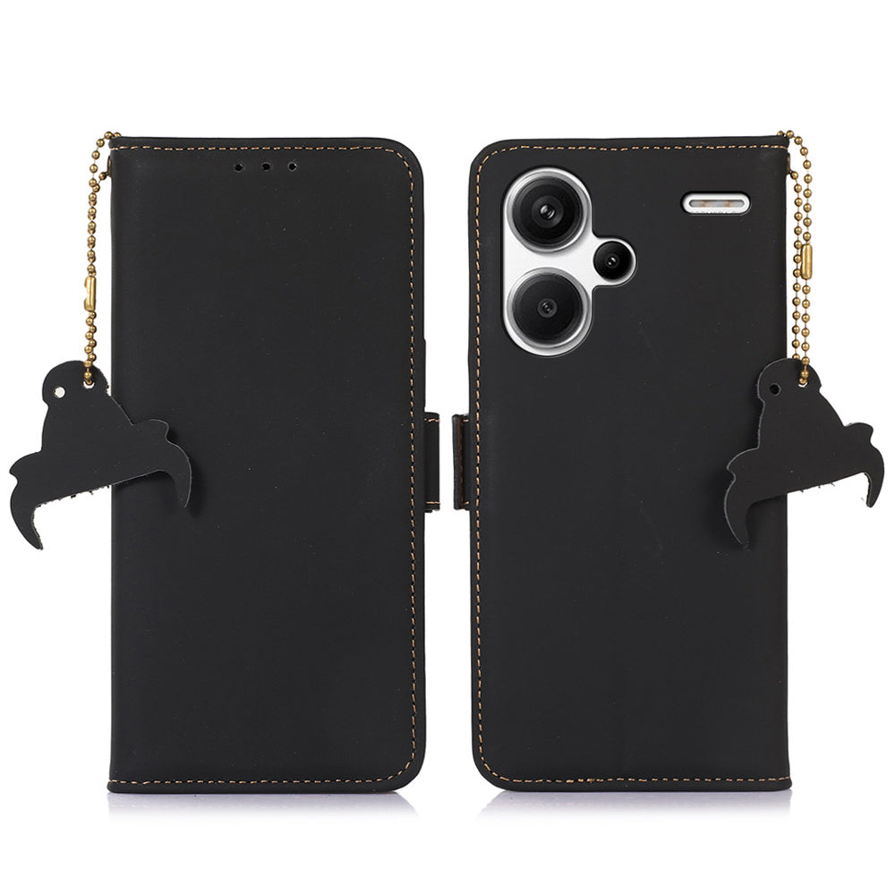 For Xiaomi Redmi Note 13 Pro+ 5G Cell Phone Case Silky Genuine Cow Leather Wallet Cover - Black