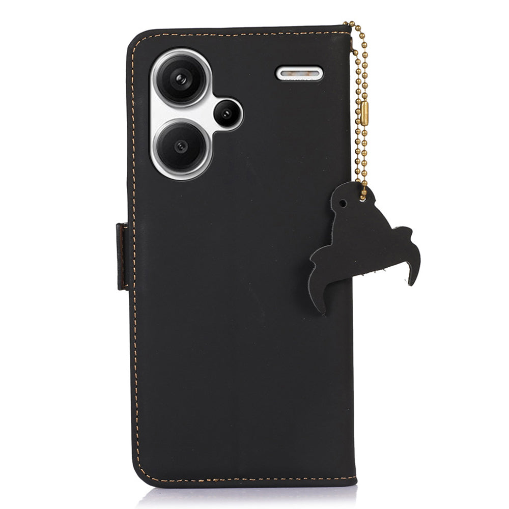 For Xiaomi Redmi Note 13 Pro+ 5G Cell Phone Case Silky Genuine Cow Leather Wallet Cover - Black