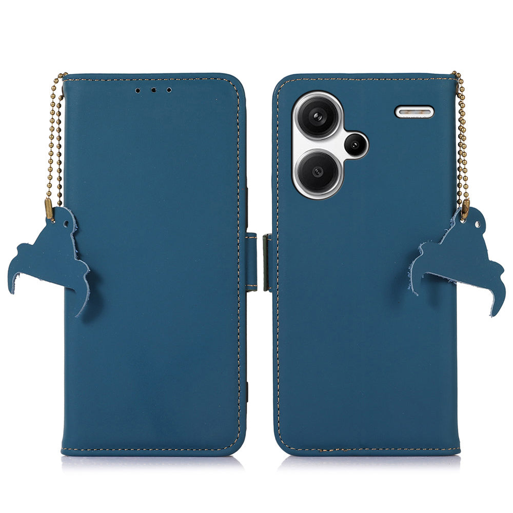 For Xiaomi Redmi Note 13 Pro+ 5G Cell Phone Case Silky Genuine Cow Leather Wallet Cover - Blue