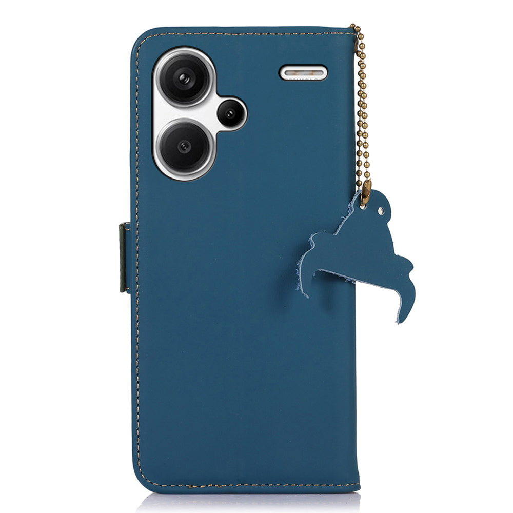 For Xiaomi Redmi Note 13 Pro+ 5G Cell Phone Case Silky Genuine Cow Leather Wallet Cover - Blue