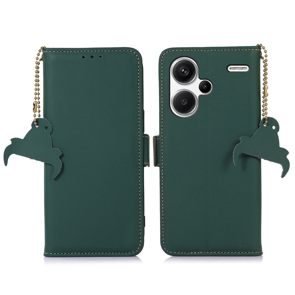 For Xiaomi Redmi Note 13 Pro+ 5G Cell Phone Case Silky Genuine Cow Leather Wallet Cover - Green