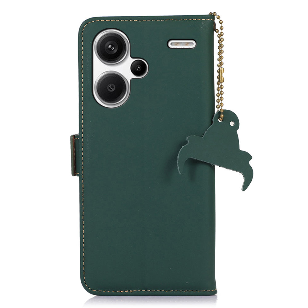 For Xiaomi Redmi Note 13 Pro+ 5G Cell Phone Case Silky Genuine Cow Leather Wallet Cover - Green