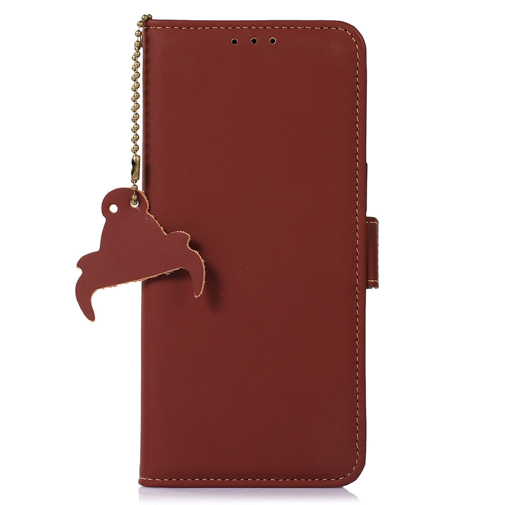 For Xiaomi Redmi Note 13 Pro+ 5G Cell Phone Case Silky Genuine Cow Leather Wallet Cover - Coffee