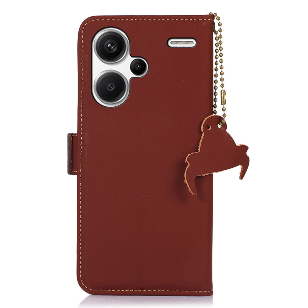 For Xiaomi Redmi Note 13 Pro+ 5G Cell Phone Case Silky Genuine Cow Leather Wallet Cover - Coffee
