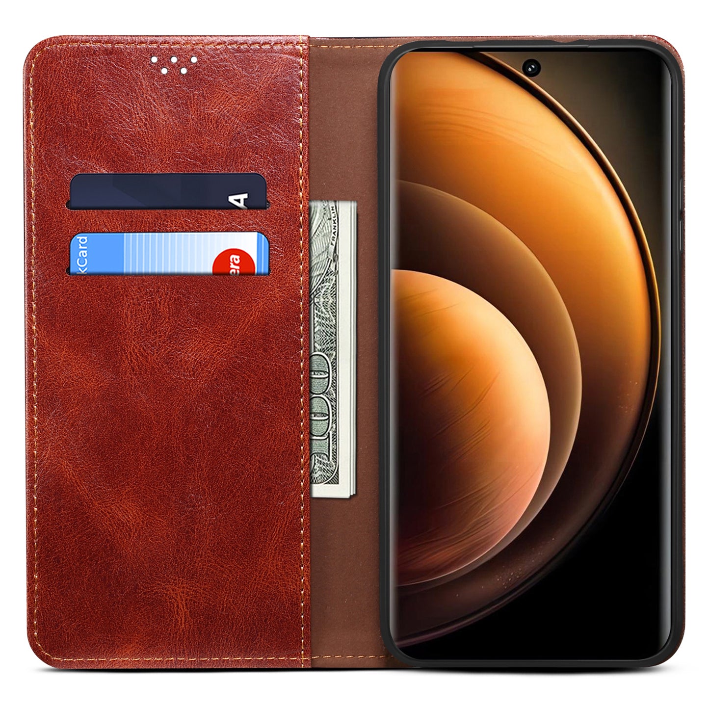 For vivo X100 5G Cell Phone Case Stand Wallet Crazy Horse Texture Waxy Leather Cover - Brown