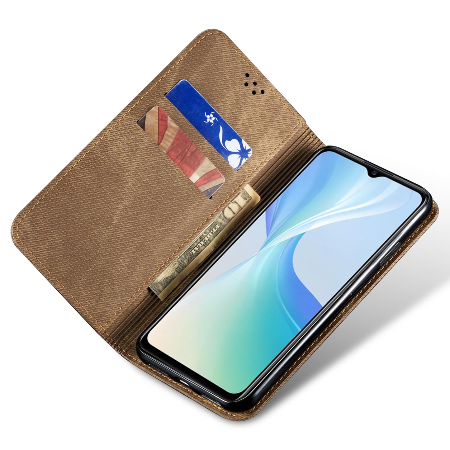 For vivo X100 Pro 5G Cell Phone Case Jeans Cloth Texture Wallet Anti-fall Leather Cover - Khaki