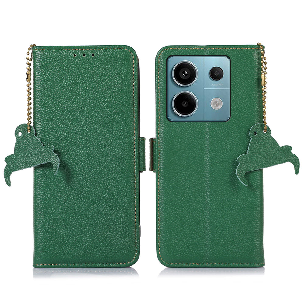 For Xiaomi Redmi Note 13 Pro 5G / Poco X6 5G Cell Phone Case RFID Blocking Wallet Genuine Cow Leather Cover - Green