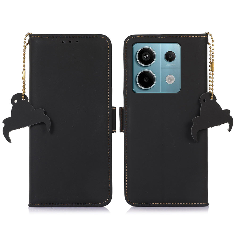 For Xiaomi Redmi Note 13 Pro 5G / Poco X6 5G Case Genuine Cow Leather RFID Blocking Wallet Stand Cover - Black