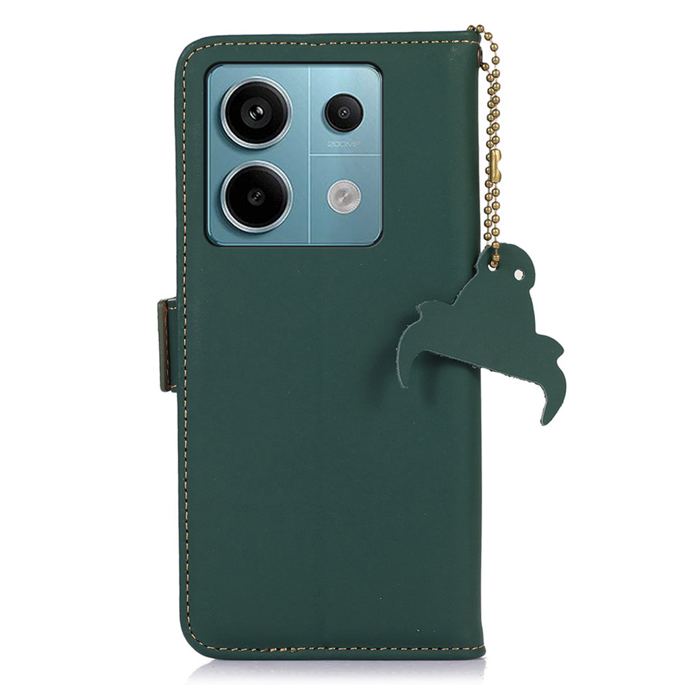For Xiaomi Redmi Note 13 Pro 5G / Poco X6 5G Case Genuine Cow Leather RFID Blocking Wallet Stand Cover - Green