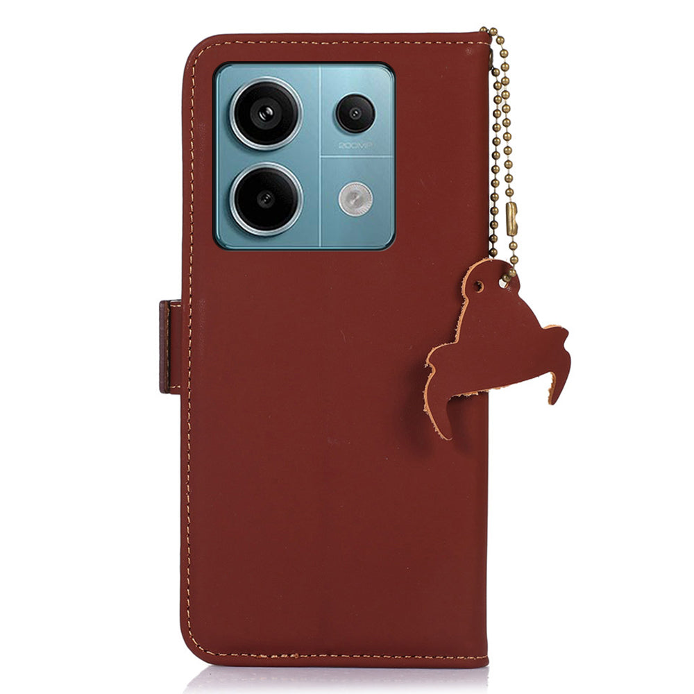For Xiaomi Redmi Note 13 Pro 5G / Poco X6 5G Case Genuine Cow Leather RFID Blocking Wallet Stand Cover - Coffee