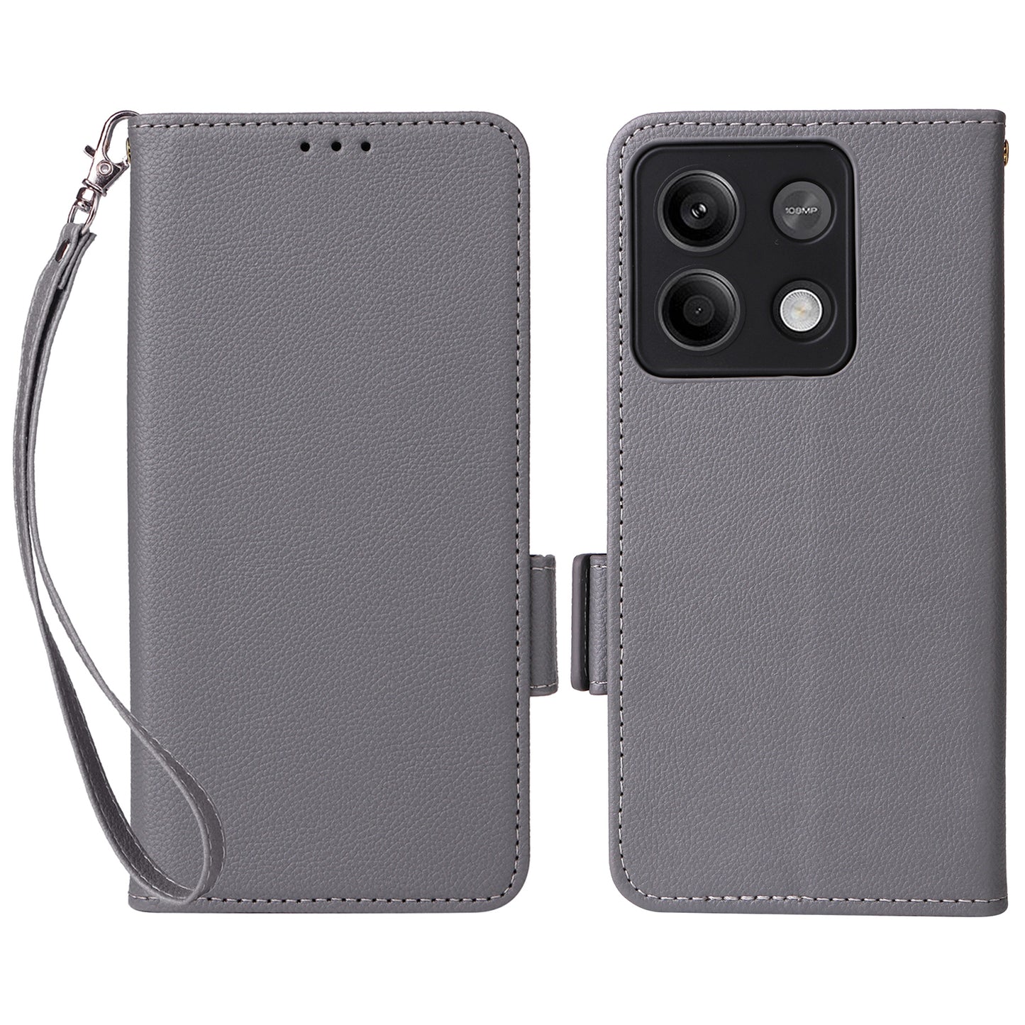 For Xiaomi Redmi Note 13 Pro 5G / Poco X6 5G Cell Phone Case Litchi Texture Leather Cover with Strap - Grey