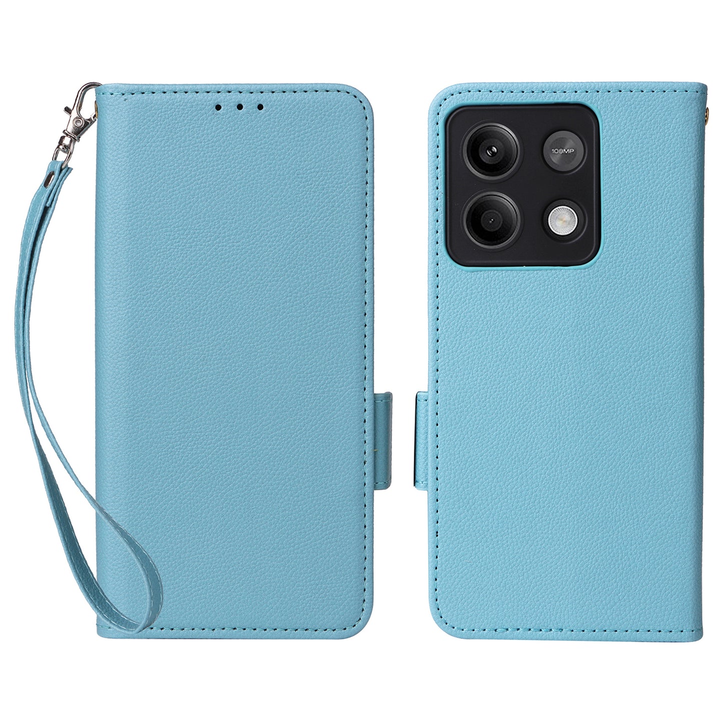 For Xiaomi Redmi Note 13 Pro 5G / Poco X6 5G Cell Phone Case Litchi Texture Leather Cover with Strap - Baby Blue