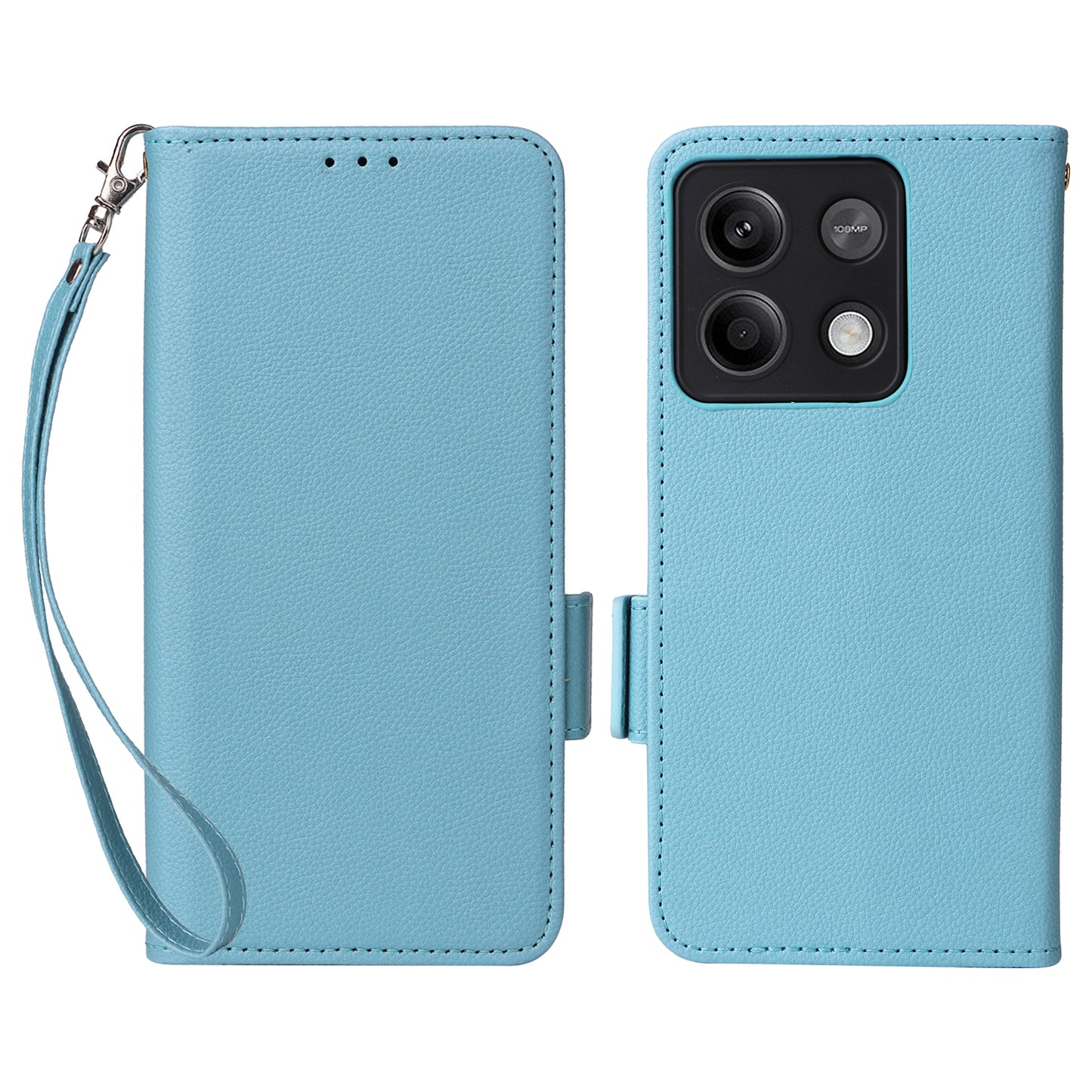 For Xiaomi Redmi Note 13 5G Cover Leather Wallet Stand Cell Phone Case with Strap - Baby Blue