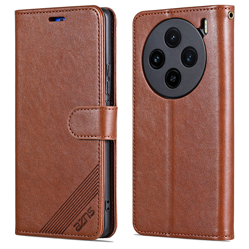 AZNS For vivo X100 5G Case PU Leather Phone Cover with Wallet Stand - Brown