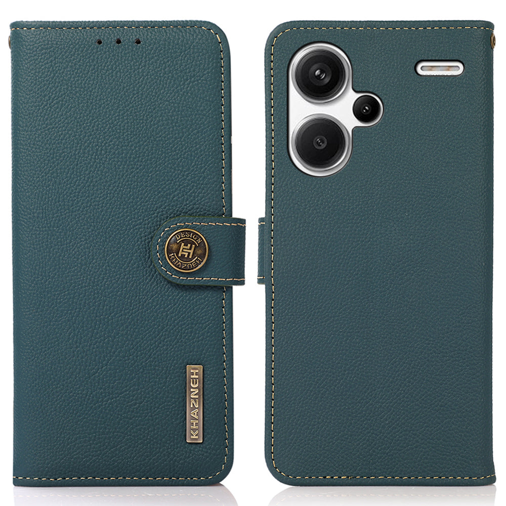 KHAZNEH For Xiaomi Redmi Note 13 Pro+ 5G Cell Phone Case Genuine Cow Leather Wallet Stand Protective Cover - Green