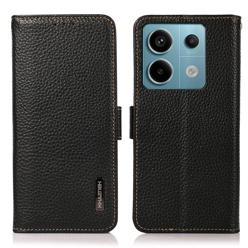 KHAZNEH For Xiaomi Redmi Note 13 5G / 13 5G (China) Phone Case RFID Blocking Genuine Cow Leather Cover - Black