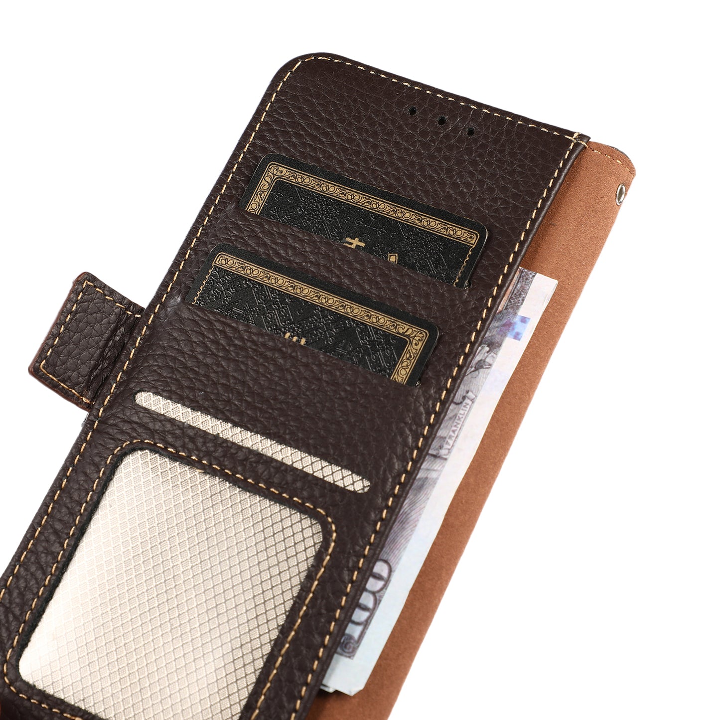 KHAZNEH For Xiaomi Redmi Note 13 5G / 13 5G (China) Phone Case RFID Blocking Genuine Cow Leather Cover - Brown