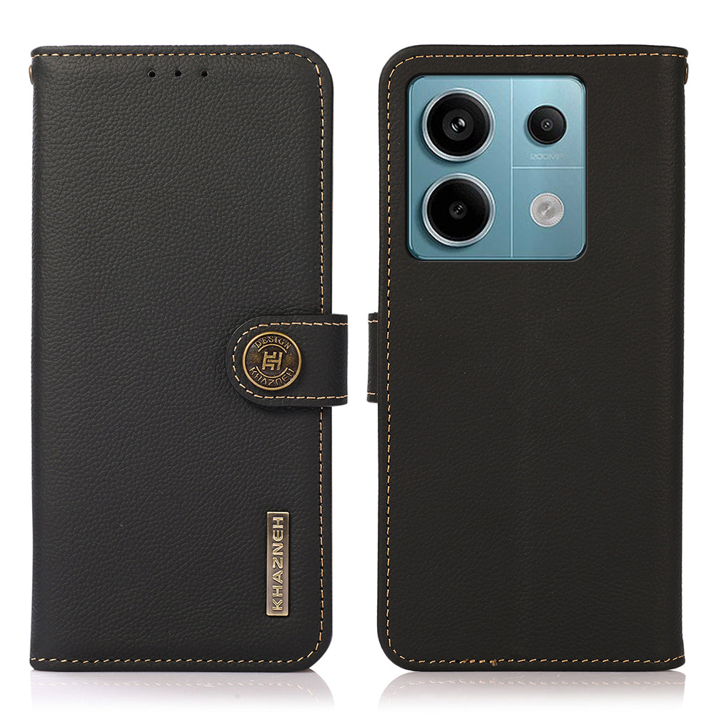 KHAZNEH For Xiaomi Redmi Note 13 Pro 5G / Poco X6 5G Case RFID Blocking Genuine Cow Leather Card Slot Phone Cover - Black