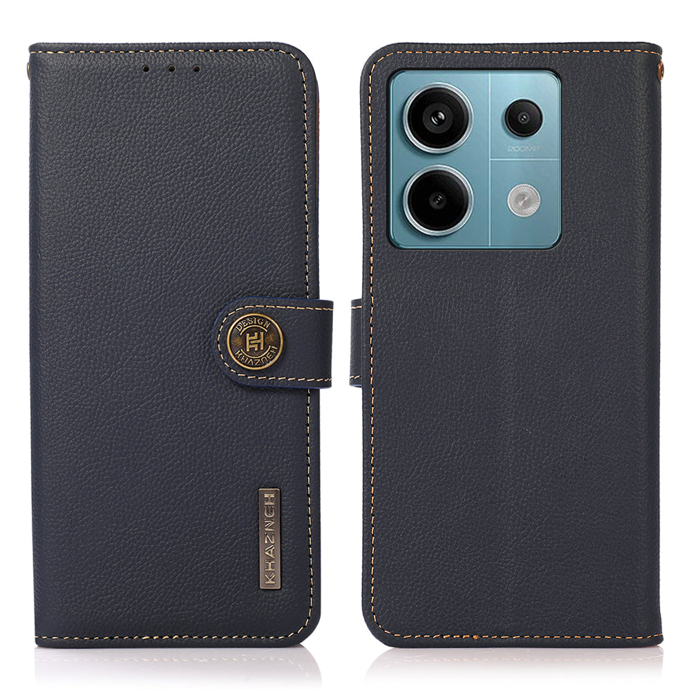 KHAZNEH For Xiaomi Redmi Note 13 Pro 5G / Poco X6 5G Case RFID Blocking Genuine Cow Leather Card Slot Phone Cover - Blue