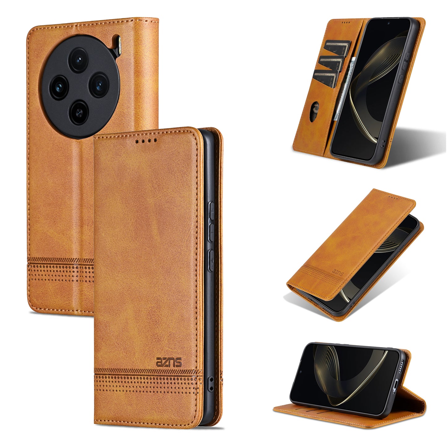 AZNS For vivo X100 5G Phone Case Flip Stand PU Leather Protective Cover - Brown