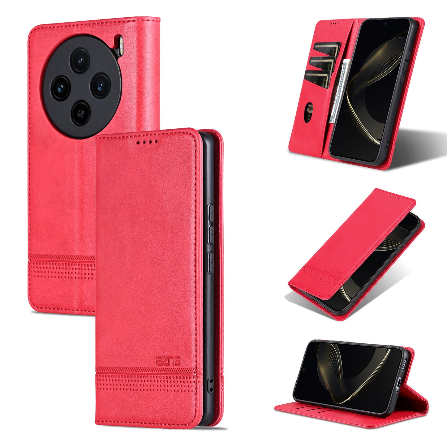 AZNS For vivo X100 5G Phone Case Flip Stand PU Leather Protective Cover - Red