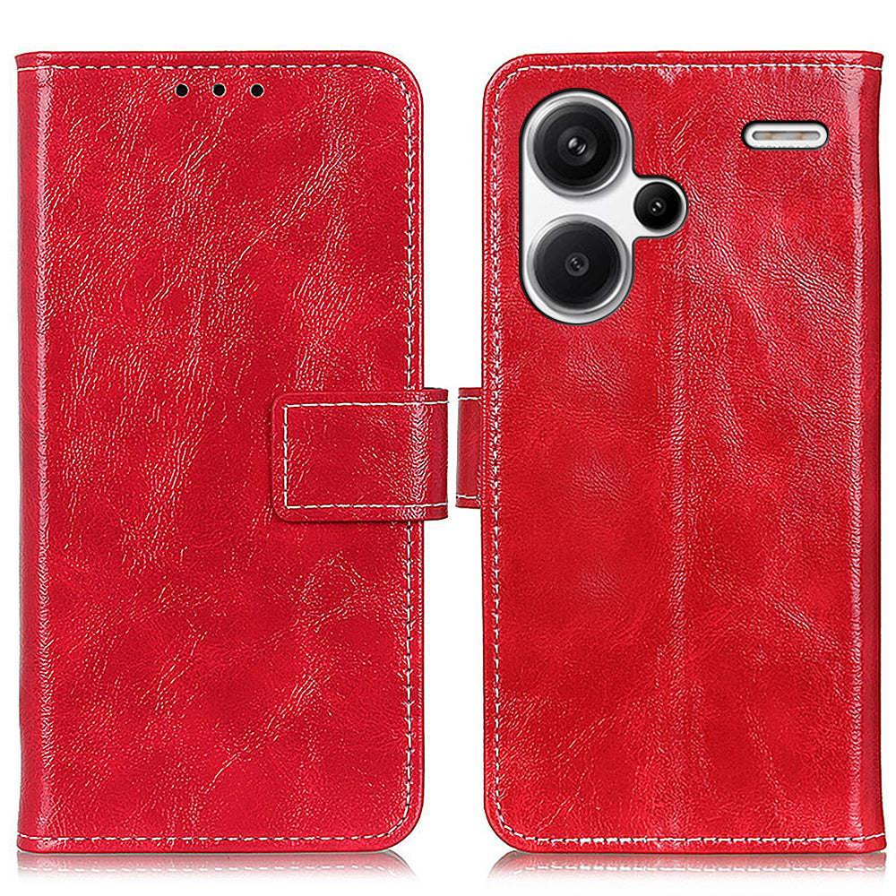 For Xiaomi Redmi Note 13 Pro+ 5G Cell Phone Case PU Leather Crazy Horse Texture Wallet Cover - Red