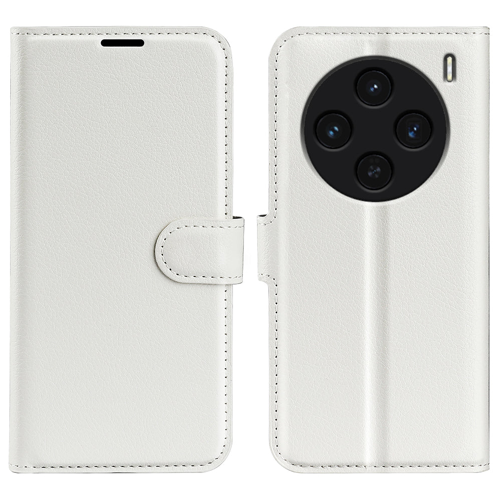 For vivo X100 5G Cell Phone Case Litchi Texture Shockproof Leather Stand Cover - White