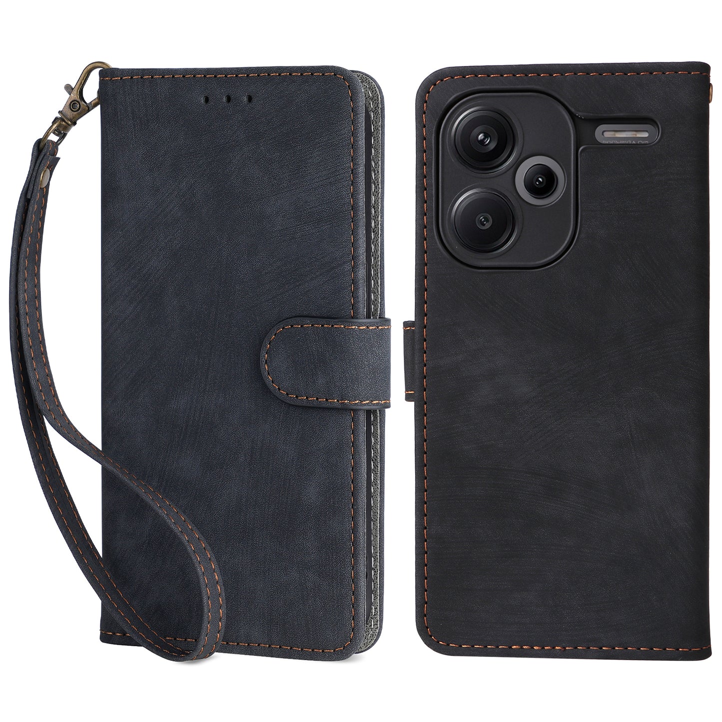 For Xiaomi Redmi Note 13 Pro+ 5G Wallet Phone Case RFID Blocking PU Leather Flip Phone Cover with Strap - Black