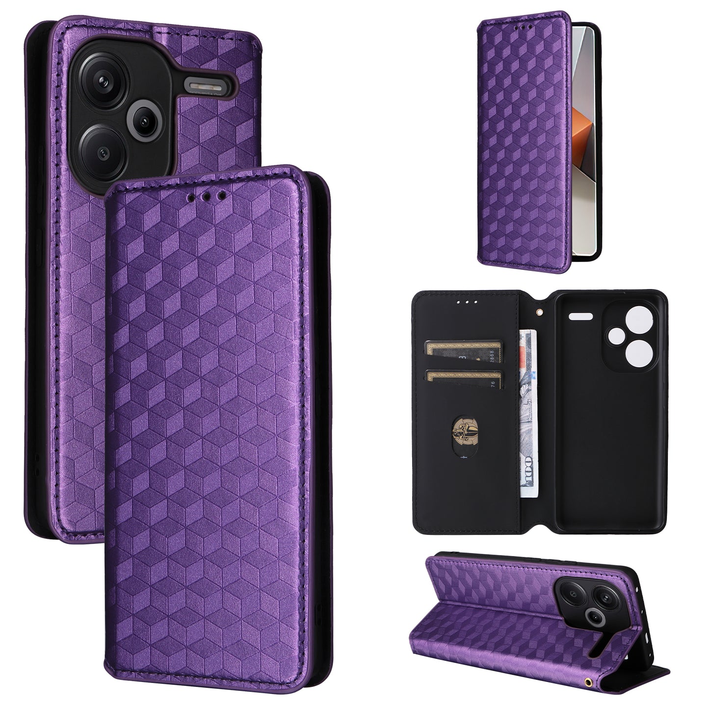 For Xiaomi Redmi Note 13 Pro+ 5G Case Rhombus Imprinted PU Leather Cover with Wallet - Purple