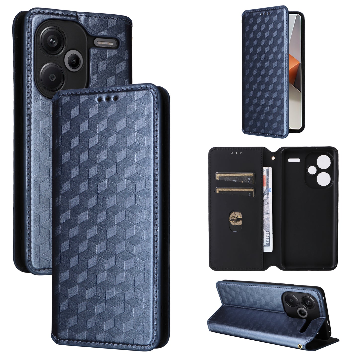 For Xiaomi Redmi Note 13 Pro+ 5G Case Rhombus Imprinted PU Leather Cover with Wallet - Blue