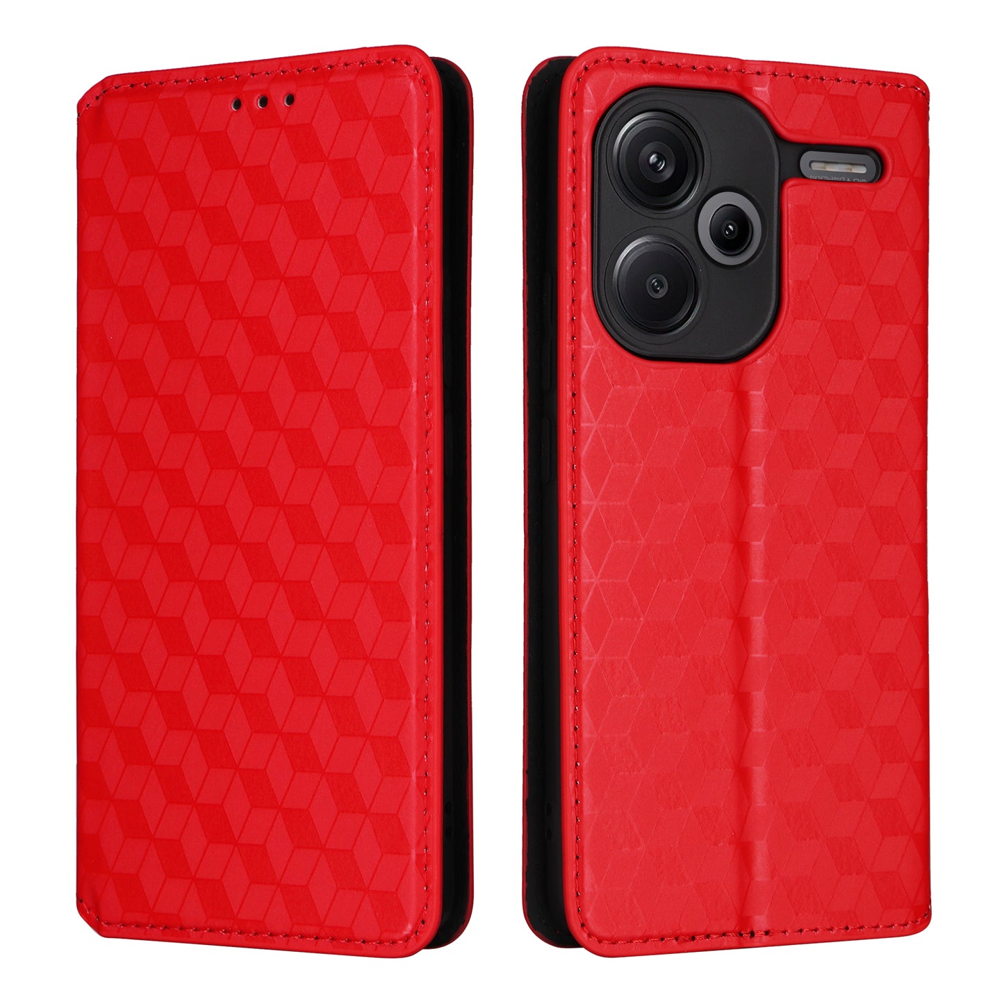 For Xiaomi Redmi Note 13 Pro+ 5G Case Rhombus Imprinted PU Leather Cover with Wallet - Red