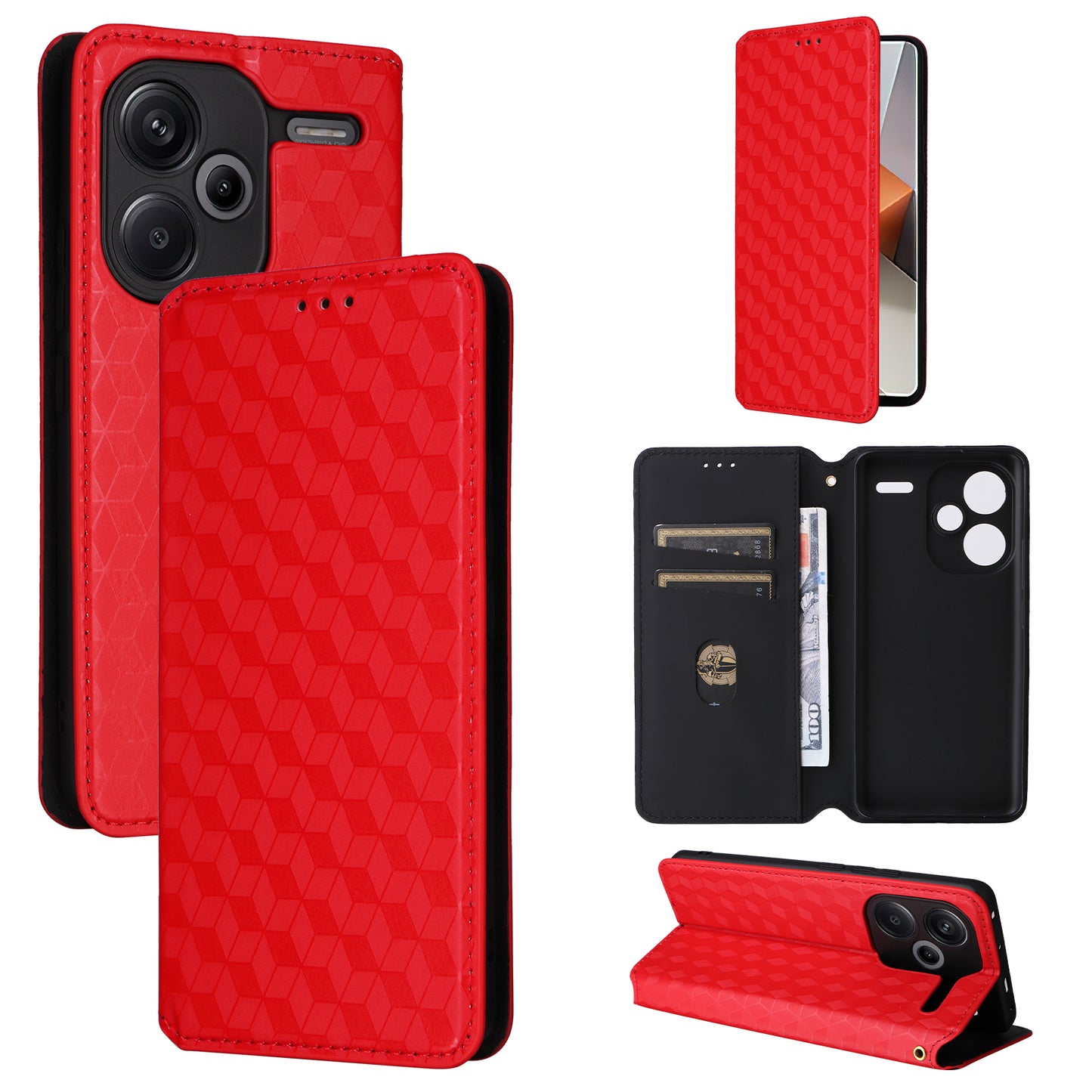 For Xiaomi Redmi Note 13 Pro+ 5G Case Rhombus Imprinted PU Leather Cover with Wallet - Red