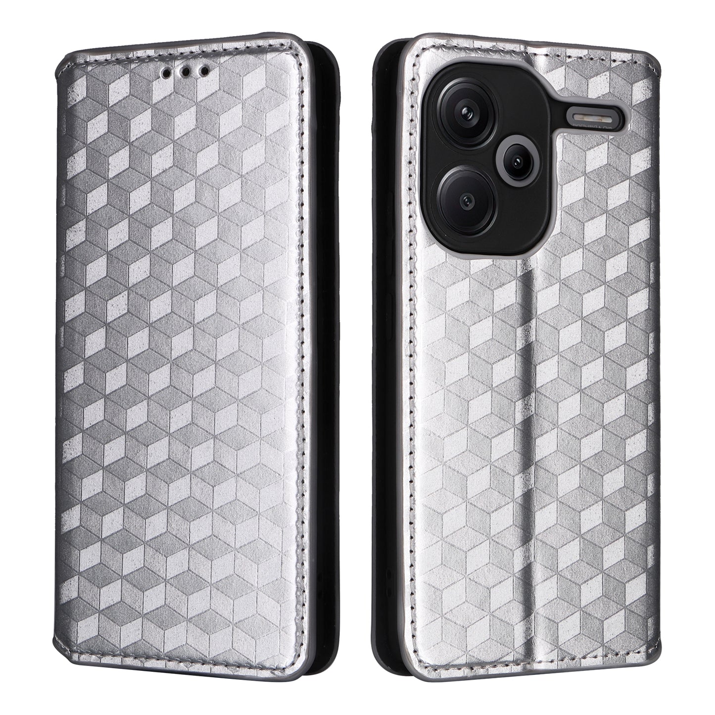 For Xiaomi Redmi Note 13 Pro+ 5G Case Rhombus Imprinted PU Leather Cover with Wallet - Silver