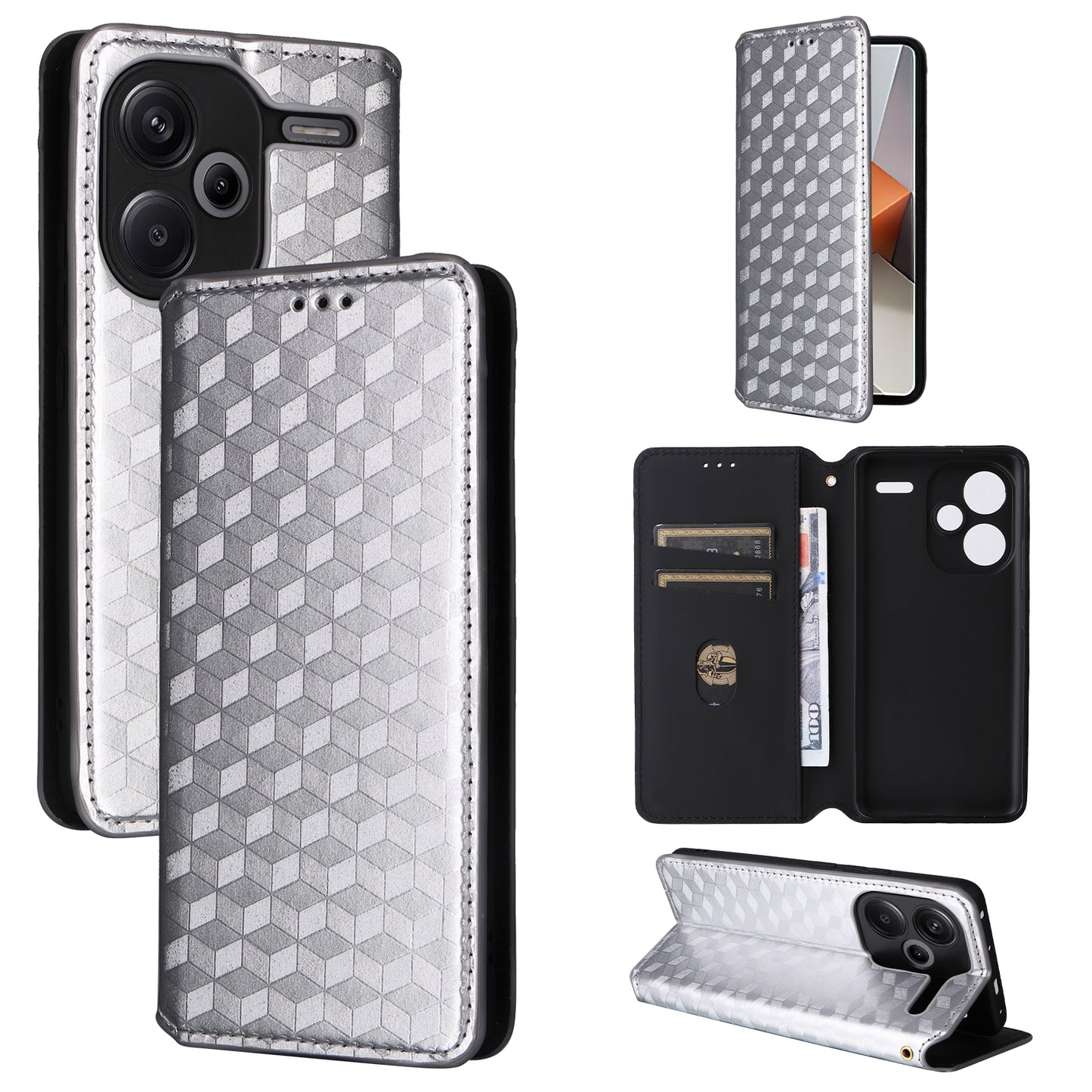 For Xiaomi Redmi Note 13 Pro+ 5G Case Rhombus Imprinted PU Leather Cover with Wallet - Silver