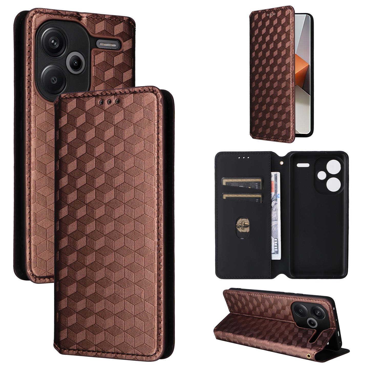 For Xiaomi Redmi Note 13 Pro+ 5G Case Rhombus Imprinted PU Leather Cover with Wallet - Brown