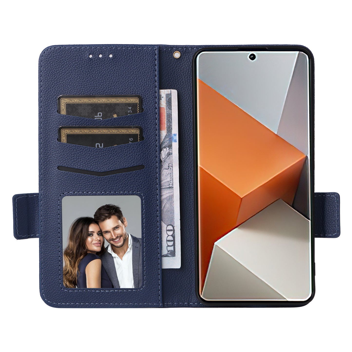 For Xiaomi Redmi Note 13 Pro+ 5G Case Litchi Texture PU Leather Wallet Phone Protector with Strap - Dark Blue