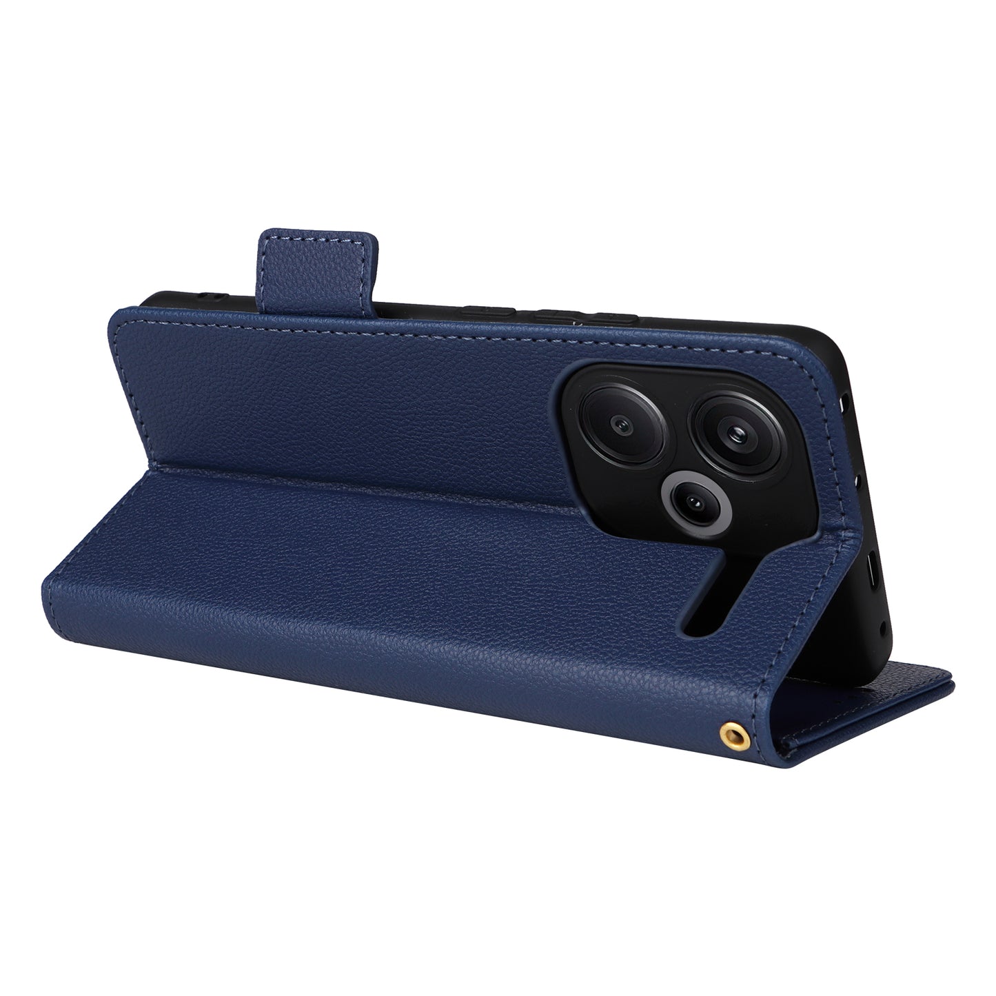 For Xiaomi Redmi Note 13 Pro+ 5G Case Litchi Texture PU Leather Wallet Phone Protector with Strap - Dark Blue