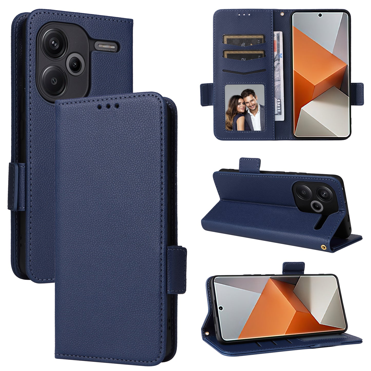 For Xiaomi Redmi Note 13 Pro+ 5G Case Litchi Texture PU Leather Wallet Phone Protector with Strap - Dark Blue
