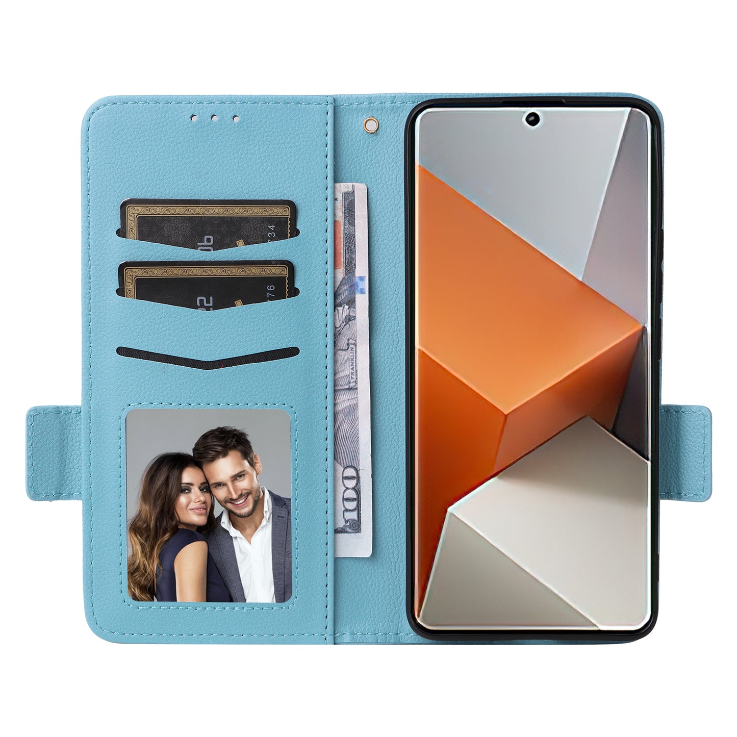 For Xiaomi Redmi Note 13 Pro+ 5G Case Litchi Texture PU Leather Wallet Phone Protector with Strap - Baby Blue