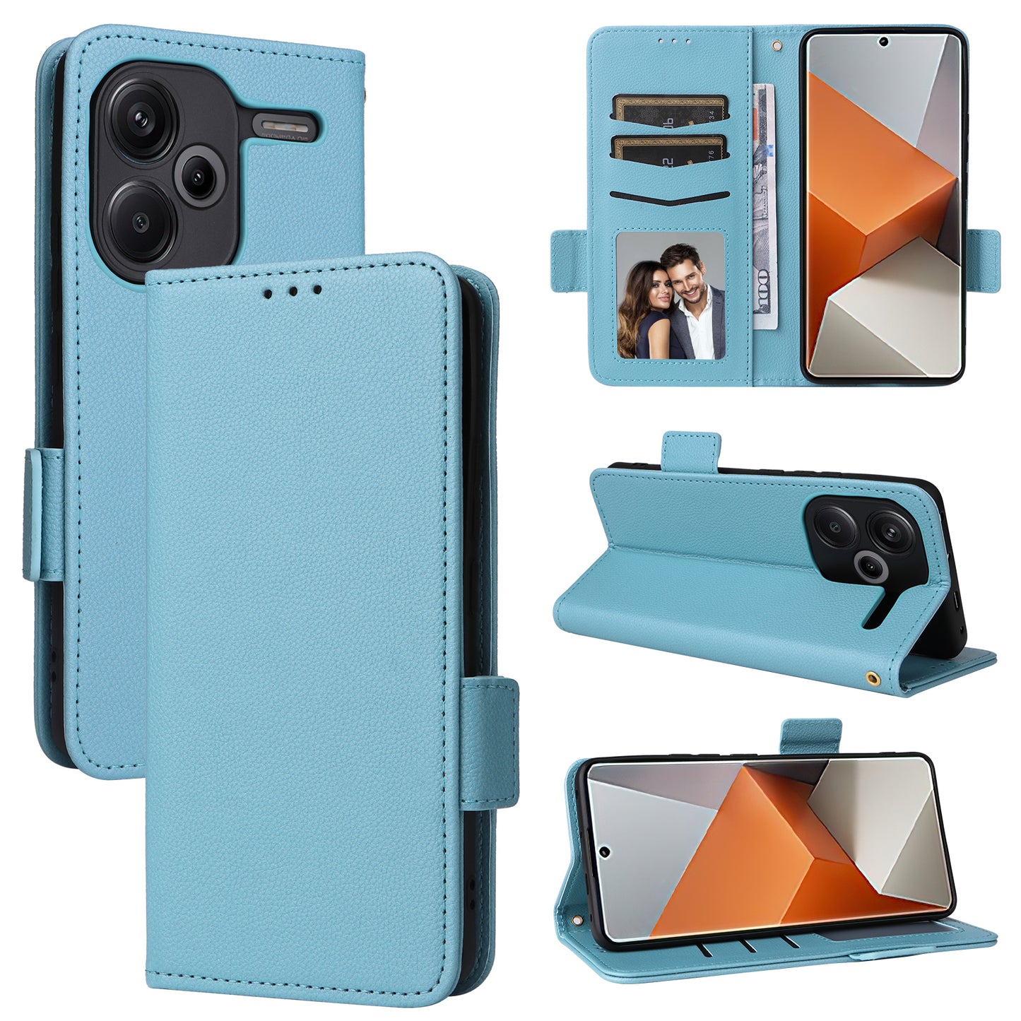 For Xiaomi Redmi Note 13 Pro+ 5G Case Litchi Texture PU Leather Wallet Phone Protector with Strap - Baby Blue