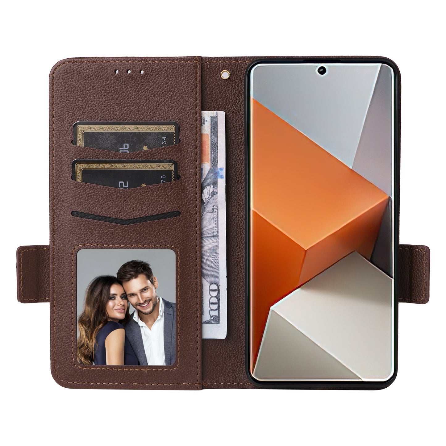 For Xiaomi Redmi Note 13 Pro+ 5G Case Litchi Texture PU Leather Wallet Phone Protector with Strap - Brown