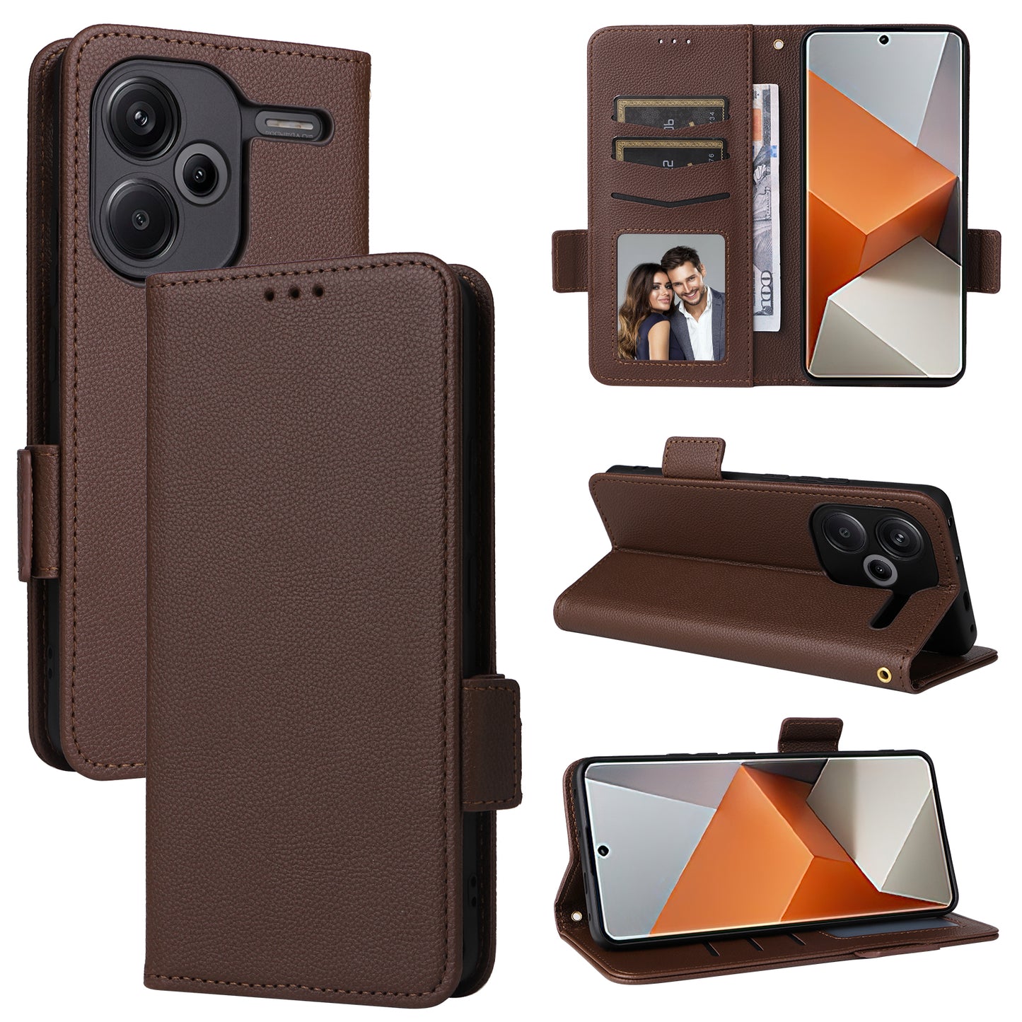 For Xiaomi Redmi Note 13 Pro+ 5G Case Litchi Texture PU Leather Wallet Phone Protector with Strap - Brown