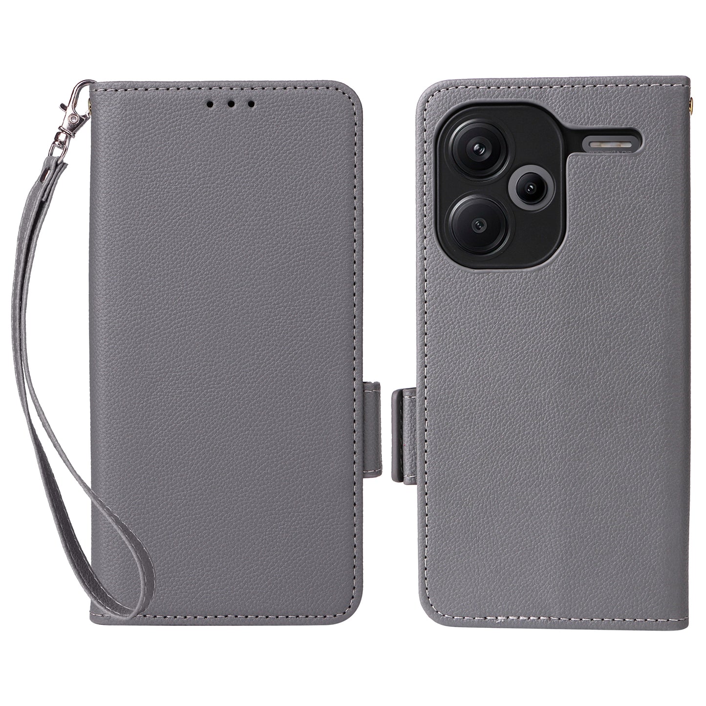 For Xiaomi Redmi Note 13 Pro+ 5G Case Litchi Texture PU Leather Wallet Phone Protector with Strap - Grey