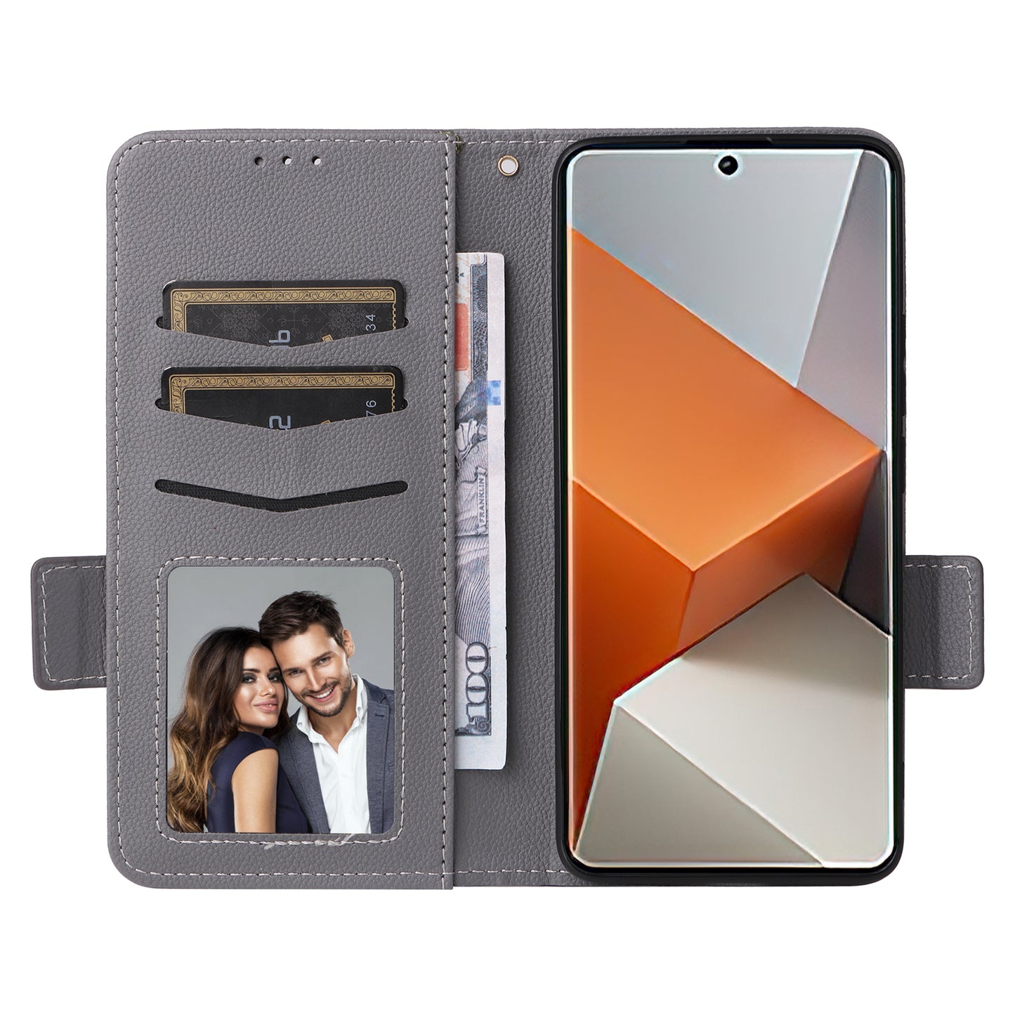 For Xiaomi Redmi Note 13 Pro+ 5G Case Litchi Texture PU Leather Wallet Phone Protector with Strap - Grey